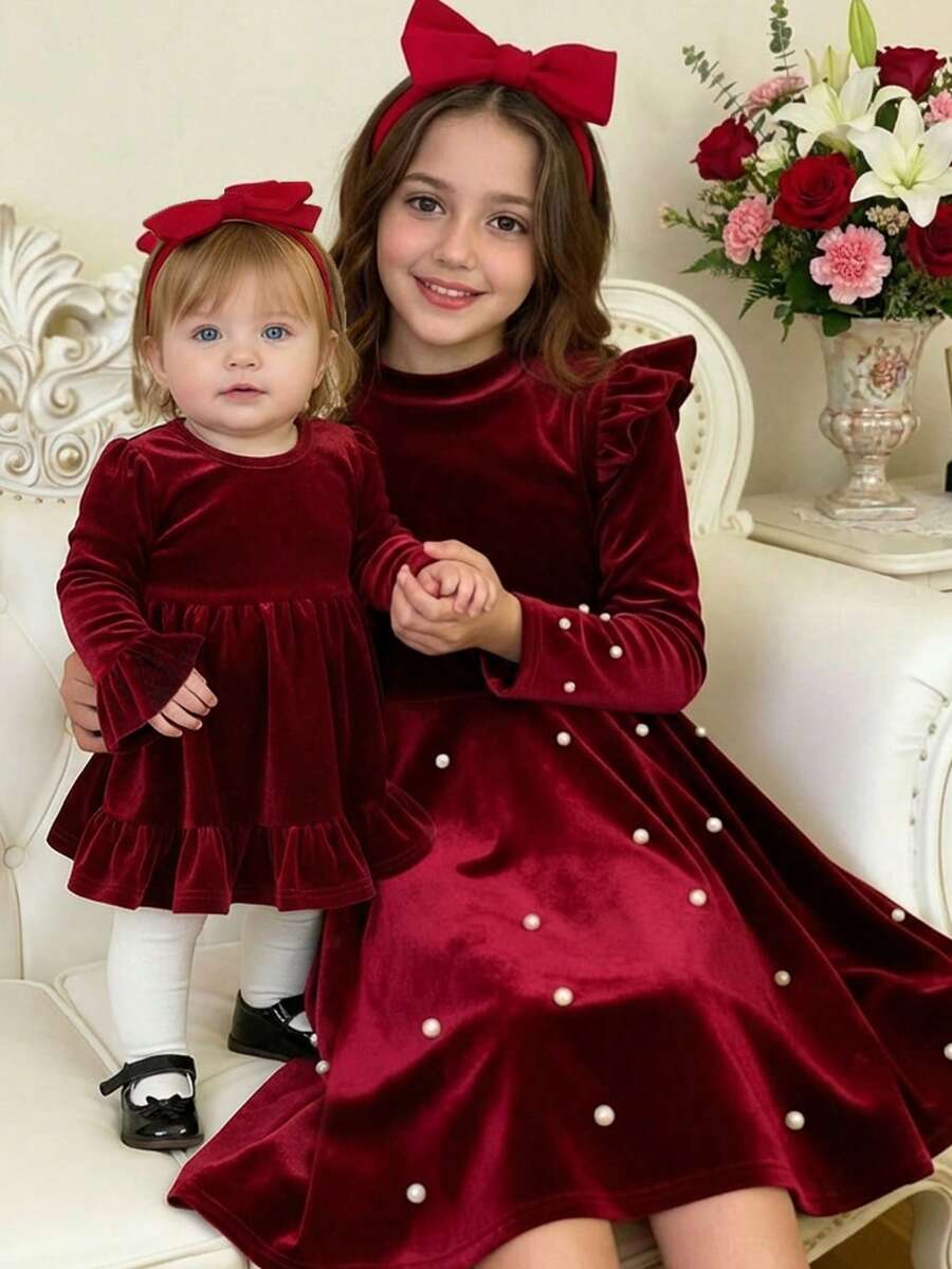 Elegant Burgundy Velvet Long Sleeve Dress, Babygirl - Burgundy - View 1
