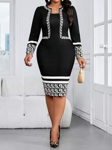 SHEIN Lady CURVE Đầm ôm dáng thanh lịch họa tiết hình học, cỡ lớn, phù hợp để đi làm. - Nhiều màu - Xem 7