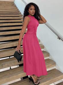 Alexandranx Black Date Night Lateral Cross Frenulum Solid Ruched Detail Long Dress - Hot Pink - View 3