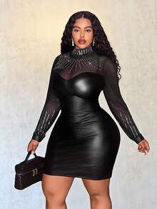 Veslaya 大码女式高领网纱拼接水钻装饰长袖派对连衣裙 - 黑色 - 查看 8