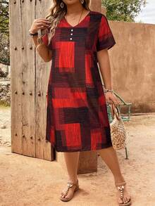 EMERY ROSE Vestido con cuello en V, botones decorativos y estampado de parches a cuadros para tallas grandes - Rojo - Ver 1