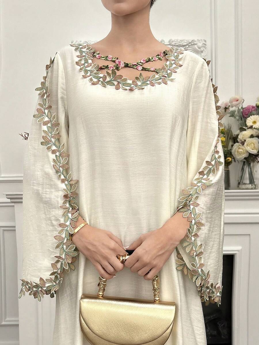 Yasmyna Women's Loose Long Sleeve Arabic Style Dress With Applique Decor And Criss-Cross Design - Apricot - View 1