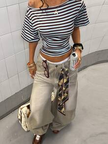 StreetHx Women's Fashion Casual Striped Asymmetrical Shoulder T-Shirt - Multicolor - View 6