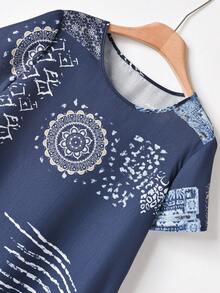 Rusticease Women's Fashionable Tie-Dye Patchwork Shirt Dress,Navy Blue And White Summer Boho Vacation Holiday Short Sleeve Casual Maxi Outfit For Women - Multicolor - View 5