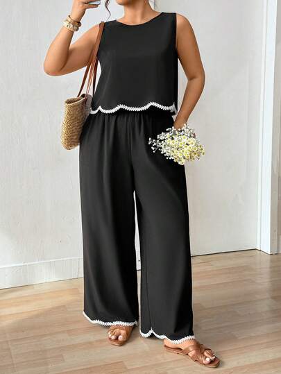 Lounesse Plus Size Vacation Casual Woven Strap Decor Tank Top And Pants 2 Pieces Set