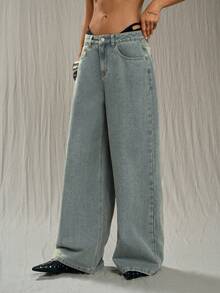 TRNVIE Fashionable Casual Street Style Retro V-Shape Low Waist Wide Leg Jeans - Light Wash - View 4