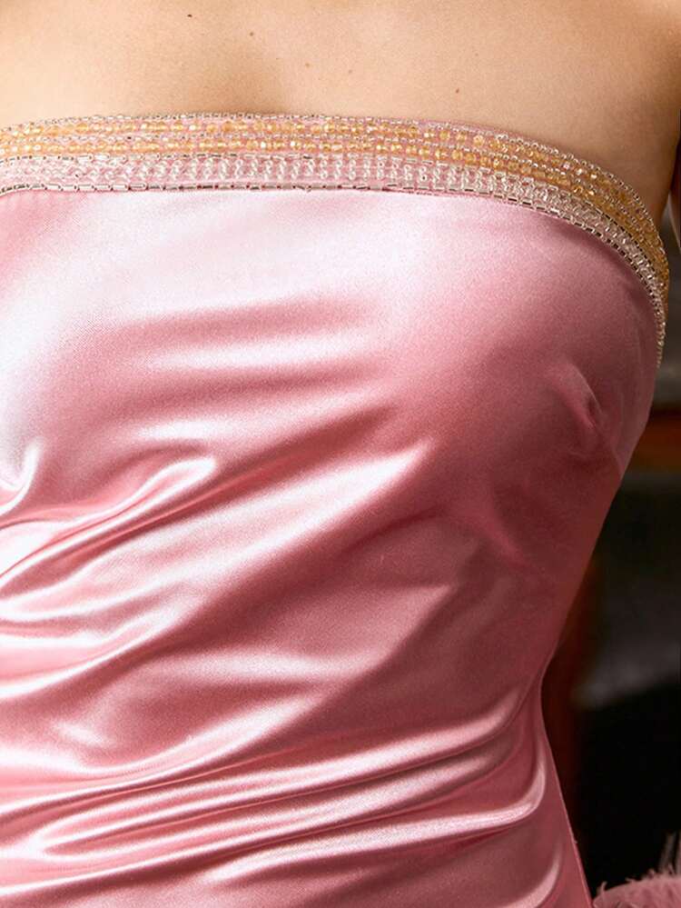 BEADED EMBROIDERED STRAPLESS MERMAID HEM COCKTAIL DRESS