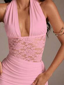 SHEIN PETITE 1pc Women's Deep V-Neck Lace Patchwork Tie-Waist Bodycon Party Dress, Spring/Summer - Pink - View 3