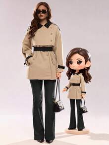 Glamine Contrast Color Decor Vintage Casual Daily Wear Women Trench Coat Work - Khaki - View 1