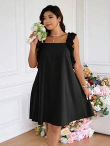 SHEIN Frenchy Plus Size Summer Romantic Elegant Ruffle Patchwork Women Dress, Suitable For Beach Vacation, Wedding Season, Romantic Date - Black - View 4