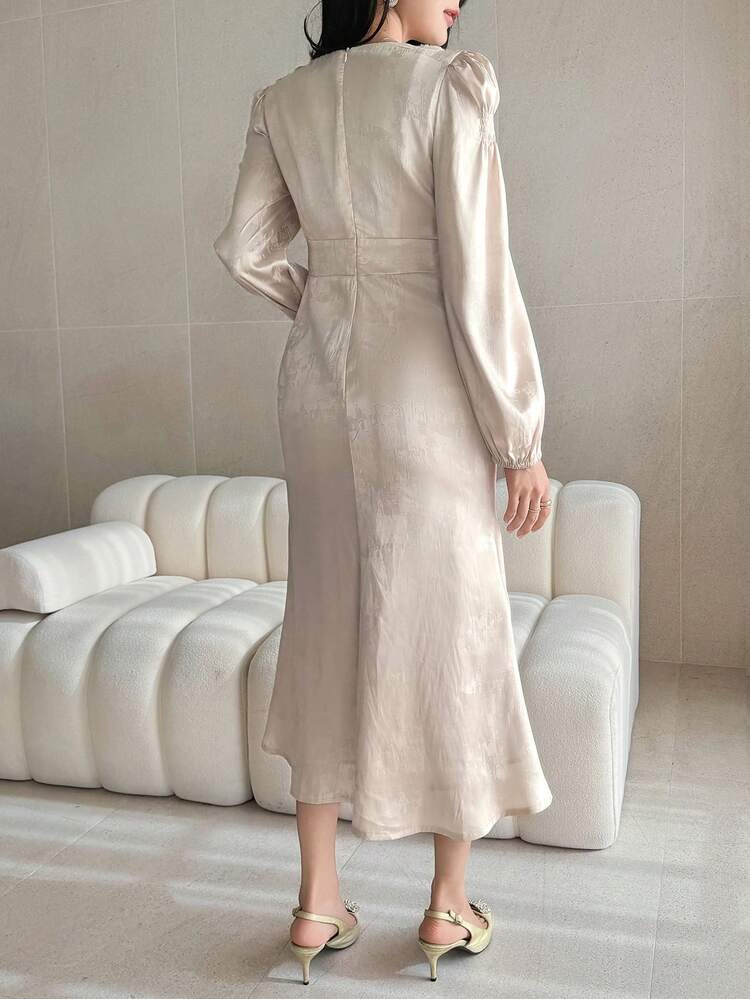 Women's Elegant Beaded V-Neck Puff Sleeve Long Dress, Spring/Summer Wedding Guest Dress Sundress