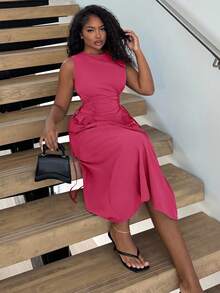 Alexandranx Black Date Night Lateral Cross Frenulum Solid Ruched Detail Long Dress - Hot Pink - View 6