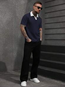 Manfinity CasualCool 男士撞色领短袖通勤休闲Polo衫，V领针织衫，男士纹理Polo衫 - 藏蓝色 - 查看 5