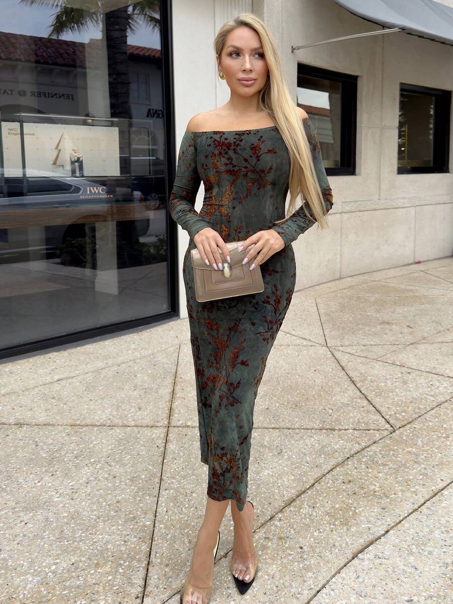 Cioccolato Đầm midi bodycon hở vai dự tiệc ngày lễ, trang phục mùa đông cho nữ - Nhiều màu - Xem 1