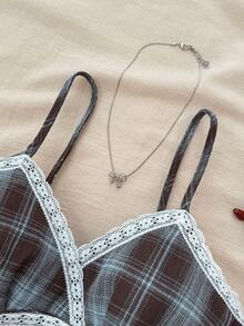 SHEIN 少女格纹撞色蕾丝边休闲吊带衫 - 彩色 - 查看 3