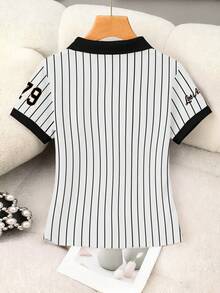 Rovax 女士休闲条纹数字印花短袖上衣，夏季 - 黑與白 - 查看 2