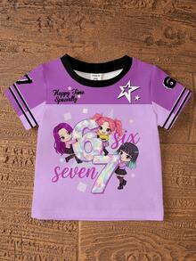 一套少女K-POP卡通女孩67号印花短袖针织T恤和配套短裤 - 彩色 - 查看 7