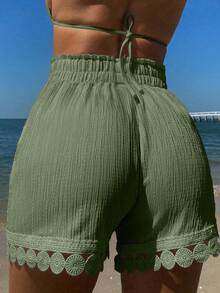 Swim Vcay 夏季三件套女式沙滩度假套装：蕾丝边系带罩衫、泳衣上装、短裤 - 軍綠色 - 查看 2