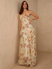 Enchnt Đầm không tay kiểu Pháp lãng mạn họa tiết hoa nhí, thắt eo, xếp ly ở gấu váy dành cho nữ. - Màu be - Xem 6