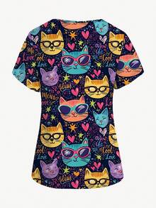 PopScrub 时尚V领短袖卡通猫戴眼镜波点印花护士服上衣，女款，春夏款 - 彩色 - 查看 2