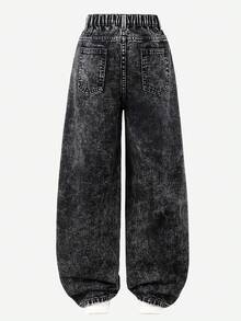 SHEIN ChillGRL 2025秋冬季少女时尚宽松阔腿牛仔裤，饰有可爱蝴蝶结，复古Y2K学院风街头休闲可爱90年代复古风 - 黑色 - 查看 4