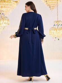 Al Najma Plus Size Elegant Patchwork Water-Soluble Lace Lantern Sleeve Dress - Navy Blue - View 3