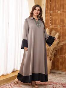 Al Najma Plus Size Women's Turkish & Arabic Traditional Long Tunic With Lace Trim Collar Kaftan Jalabiya Dress - Multicolor - View 6