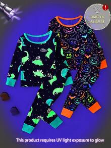 4pcs Snug Fit Pajama Set For Toddler Boys, Long Sleeve Top And Pants, Soft Stretch Fabric With Cute Print, Loved By Kids Snug Fit  Tight Fit Pajama Baby Halloween Pajamas Backto SchoolFashion Fall Winter - Black - View 1