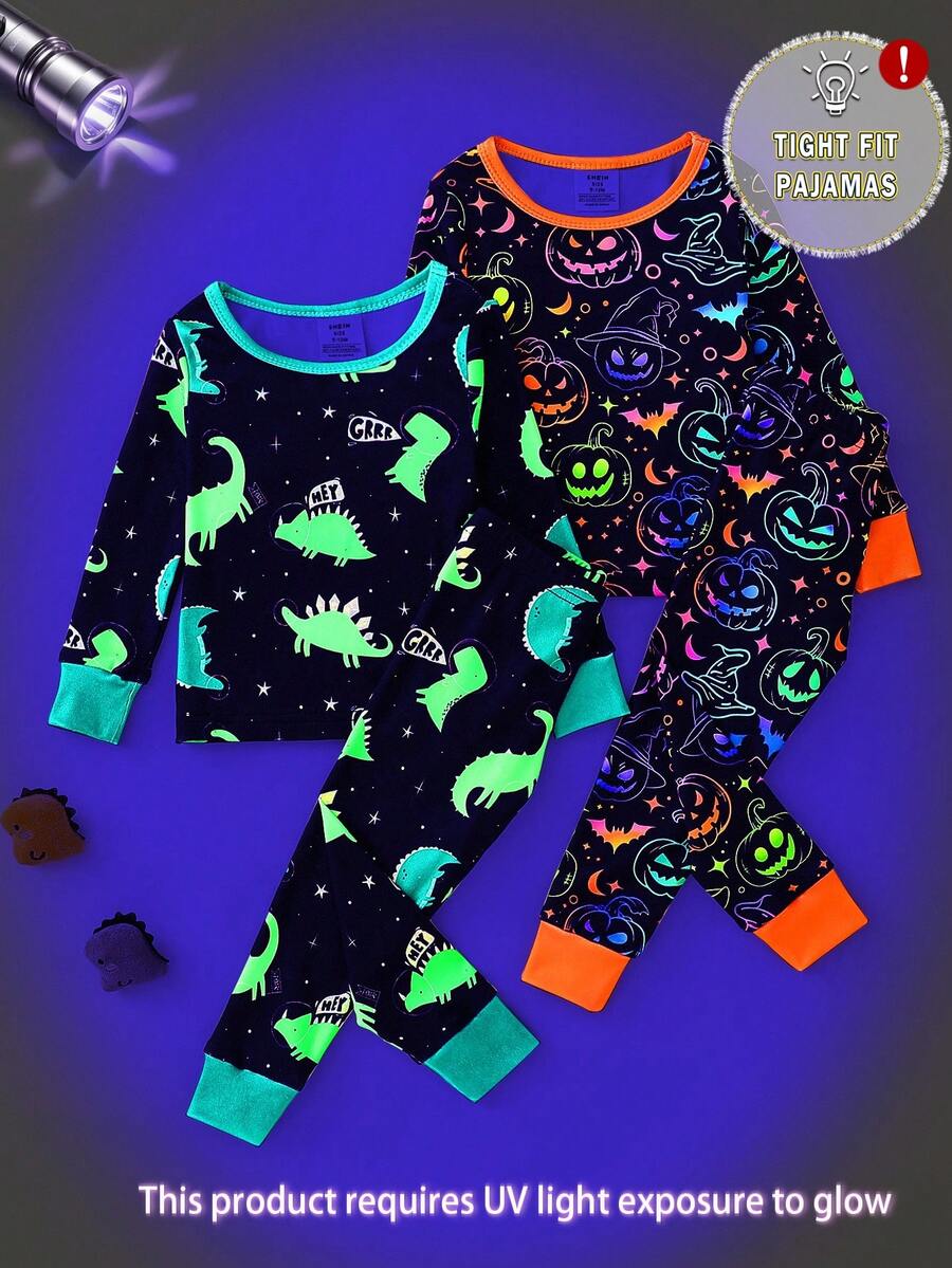 4pcs Snug Fit Pajama Set For Toddler Boys, Long Sleeve Top And Pants, Soft Stretch Fabric With Cute Print, Loved By Kids Snug Fit  Tight Fit Pajama Baby Halloween Pajamas Backto SchoolFashion Fall Winter - Black - View 1