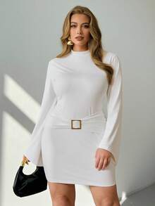 Auralis Vestido elegante de fiesta de otoño blanco para mujer talla grande, cuello mandarín, botones metálicos, mangas acampanadas, cintura ajustada, cruzado, mini, atuendo chic para boda - Blanco - Ver 5