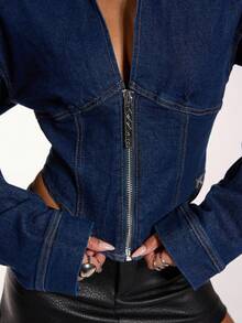 Normani Áo khoác denim thời trang đa năng tay dài cổ bẻ có khóa kéo cho nữ - Rửa tối - Xem 8