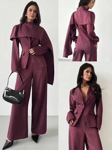 Firerie Women's Elegant & Sophisticated Commuting Office Urban Chic Street Fashion New Year Valentine's Day Spring Shawl Collar Striped Blazer Jacket And High Waist Wide Leg Pants Two Pieces Suit, Burgundy - Burgundy - View 11