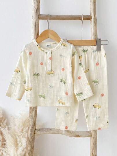 2pcs/Set Toddler Boys' Casual Comfortable Outfit, Featuring School Bus, Sun, Cloud Allover Print Long Sleeve Top And Pants