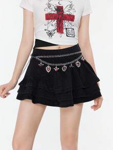 ROMWE 1 chiếc dây chuyền kiểu Gothic màu bạc và đen nhiều lớp dành cho nữ, phụ kiện đeo eo, thích hợp sử dụng hàng ngày và Halloween. - Vòng eo hai lớp màu đỏ bạc - Xem 3