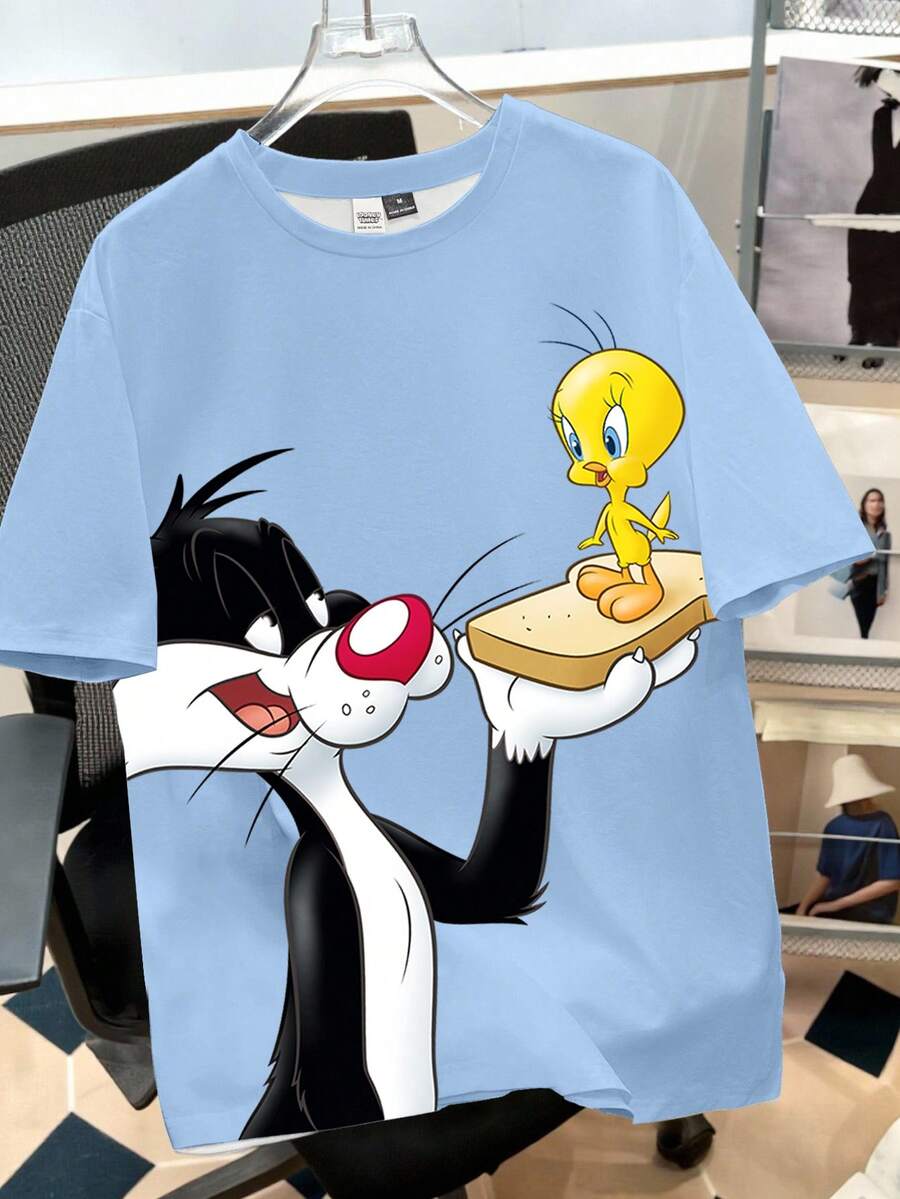 Looney Tunes X Manfinity Manfinity Joysei Men's Cartoon Print Round Neck Loose Casual Short Sleeve T-Shirt - Baby Blue - View 1