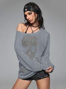 ROMWE Grunge Punk Áo thun dài tay dáng rộng, cổ tròn, họa tiết đầu lâu, đinh tán và đính đá. - Xám - Xem 6