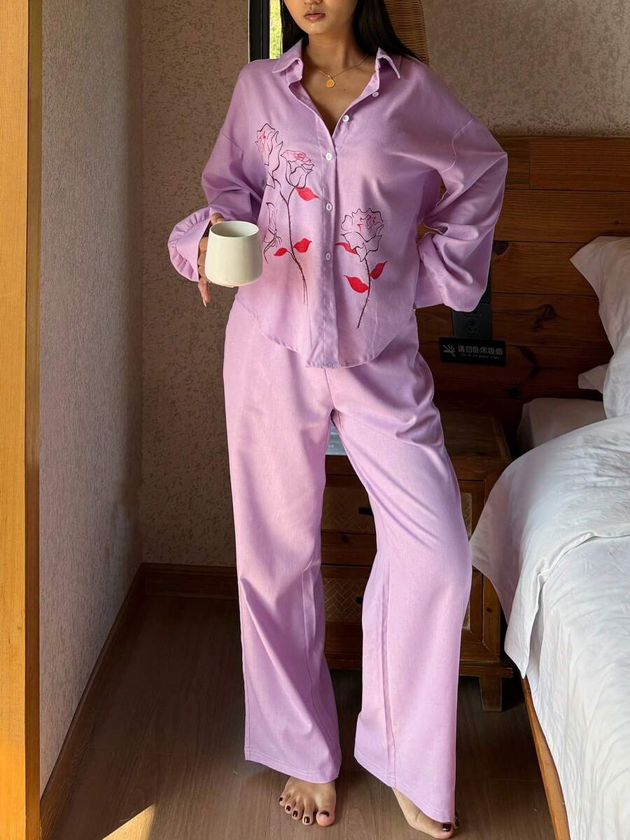 DAZY 2pcs Floral Pattern Loose Long Sleeve & Long Pants Women Pajama Set