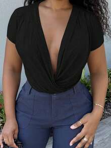 Alexandranx Áo hai dây gợi cảm cổ chữ V sâu màu trơn dành cho nữ - màu đen - Xem 3