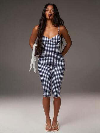 Athîral Women's Blue Plaid Print Casual Sleeveless Jumpsuit.,Blue Jumpsuit, Fitted Design, Comfortable And Soft Knit Fabric,Summer Outfits For Women,Spring Outfit Women, Beach Outfits For Women,Casual Outfit For Women,Holiday Outfits For Women,Valentine Outfits For Women