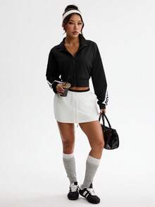 Gameset SHEIN Sport 女士运动夹克，新款字母图案拼接设计，户外跑步健身运动外套 - 黑色 - 查看 6