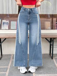 Rivivi 女士休闲日常通勤运动风撞色条纹侧边宽松阔腿牛仔裤 - 淺色水洗藍 - 查看 4