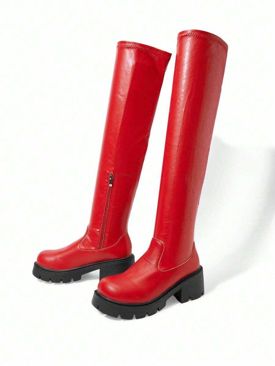 CUCCOO GRLICON 女士厚底侧拉链时尚休闲过膝长靴 - 紅色 - 查看 1
