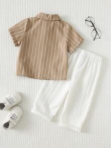 Cozy Pixies 2pcs/Set Baby Boy Blue And White Striped Summer Casual Family Matching Vacation Lapel Short Sleeve Cardigan Top,Elastic Waist Straight Leg Pants - Khaki - View 3