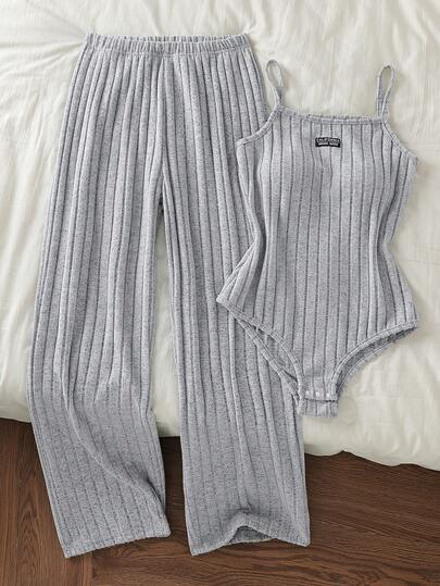 Teen Girls Camisole Bodysuit + Wide-Leg Pants Loose & Comfortable Fit, Light Gray Skin-Soft Texture With Vertical-Stripe Pattern A Versatile Comfort Wear For All Occasions