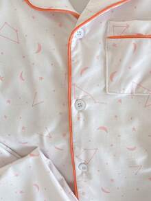 2pcs/Set Young Girl' Cute Star & Crescent Moon Pattern Short Sleeve Pajama Set Short Sleeve Pajamas - White - View 4