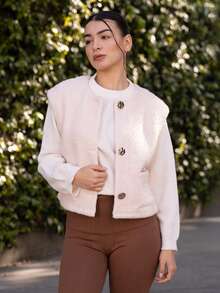 Andrea Bello Chaqueta chaleco de moda holgada con bolsillo y abotonadura sencilla de metal para mujer en otoño - Albaricoque - Ver 3