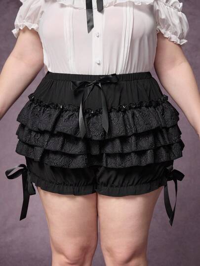 Goth Plus Size Women Dark Aesthetic Satin Floral Print Ruffle Hem Bow Decor Pumpkin Shorts