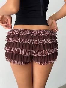 Aloruh 女士时尚蕾丝边蝴蝶结豹纹网纱多层荷叶边超短裤，适合音乐节、春夏穿着 - 彩色 - 查看 2