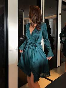 DAZY Satin & Chiffon Patchwork Ruffled Hem Women Sleepwear Robe - Teal Blue - View 3