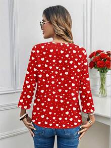 EMERY ROSE Women's Valentine's Day Allover Heart Print Round Neck 3/4 Sleeve Blouse, Suitable For Spring/Summer, Valentine's Day Carnival - Multicolor - View 3